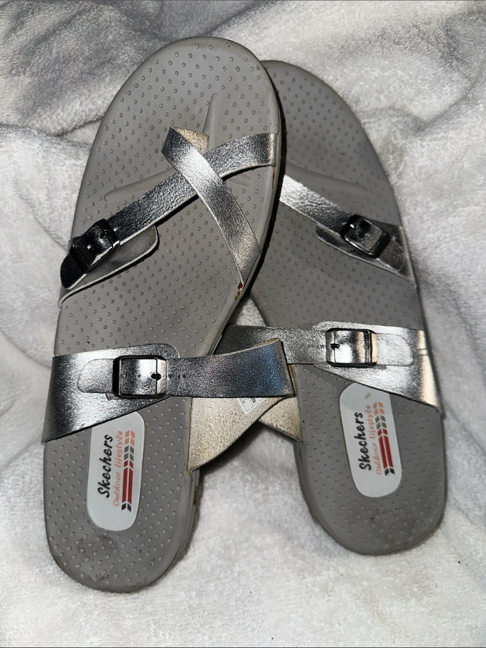 Skechers Metallic Silver Buckle Cross-Strap Sandals